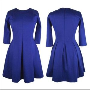 Blue 3/4 sleeve skater fit and flare ponte dress